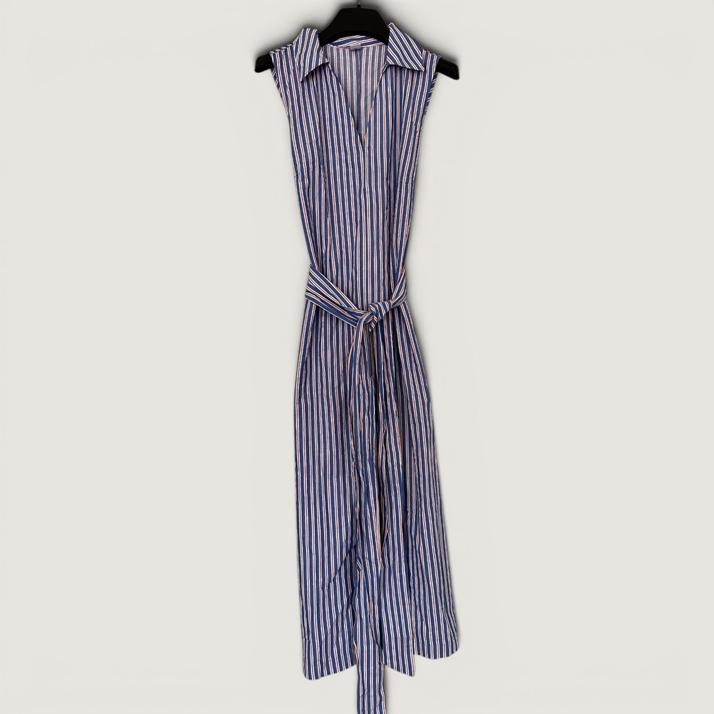 Red White Blue Striped Sleeveless Collared Belted Dress Small Nautical Patriotic